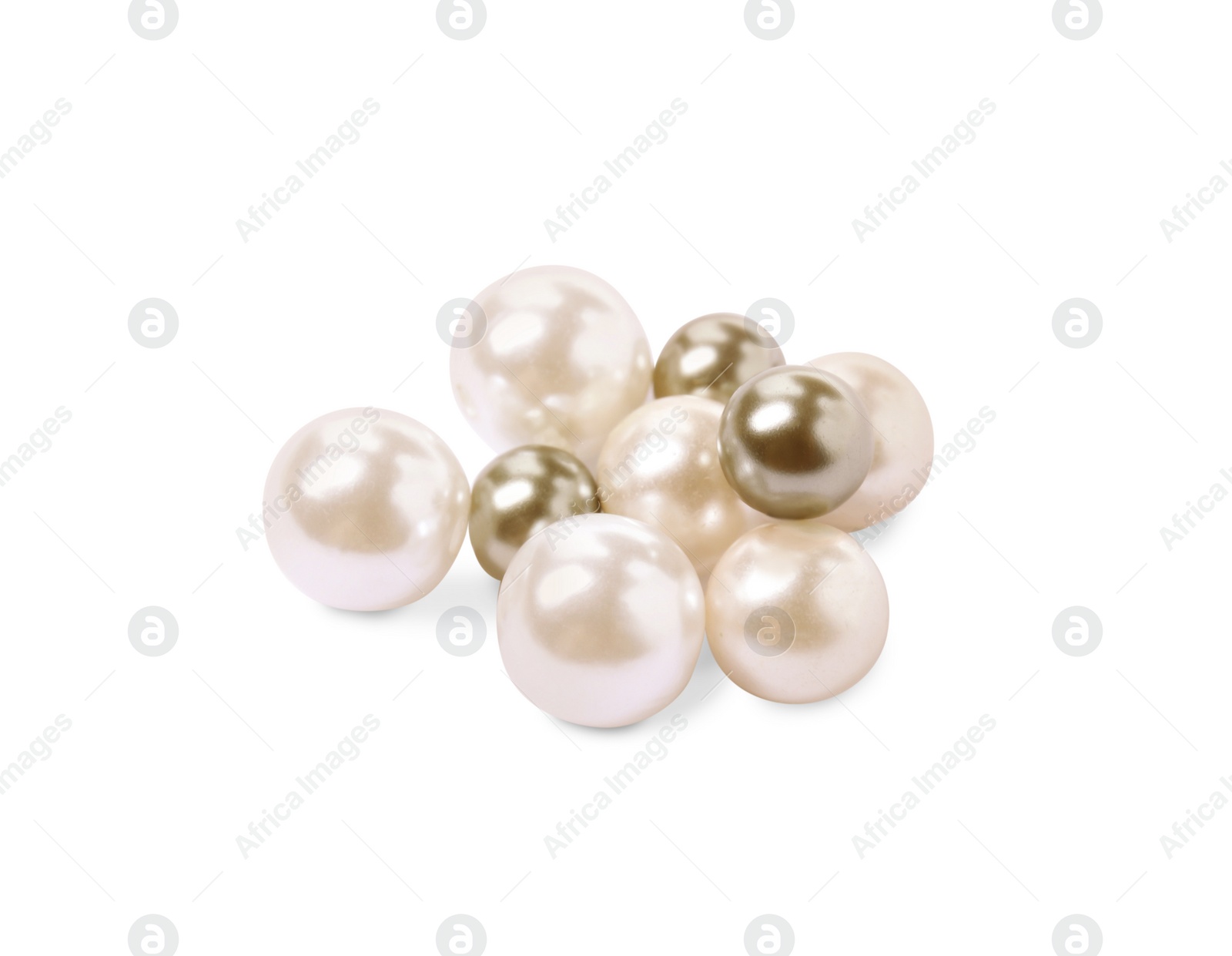 Photo of Many beautiful oyster pearls on white background