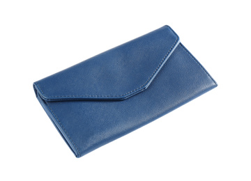 Photo of Stylish blue leather wallet isolated on white