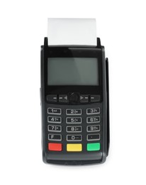Photo of New modern payment terminal isolated on white, top view