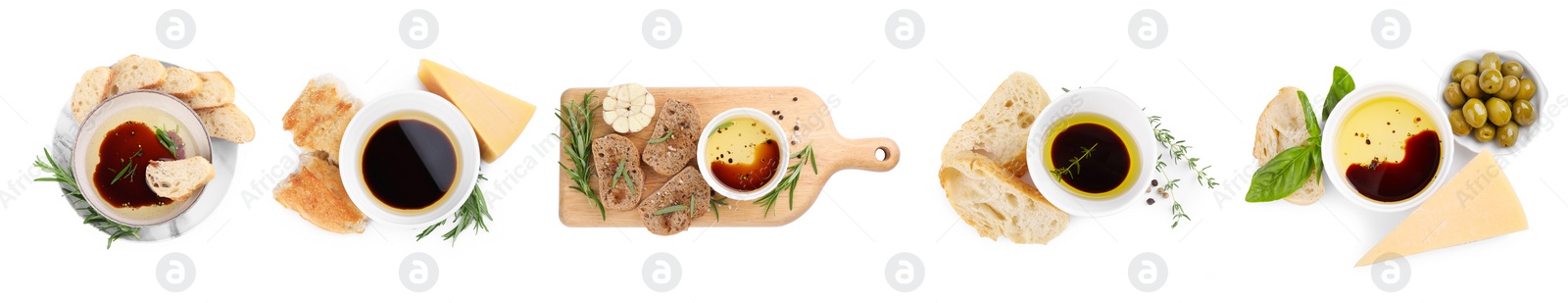 Image of Set of balsamic vinegar with oil and bread on white background, top view