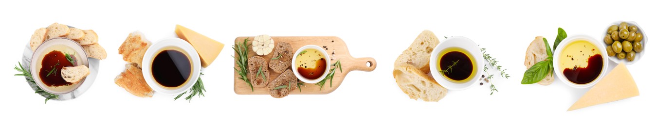 Set of balsamic vinegar with oil and bread on white background, top view