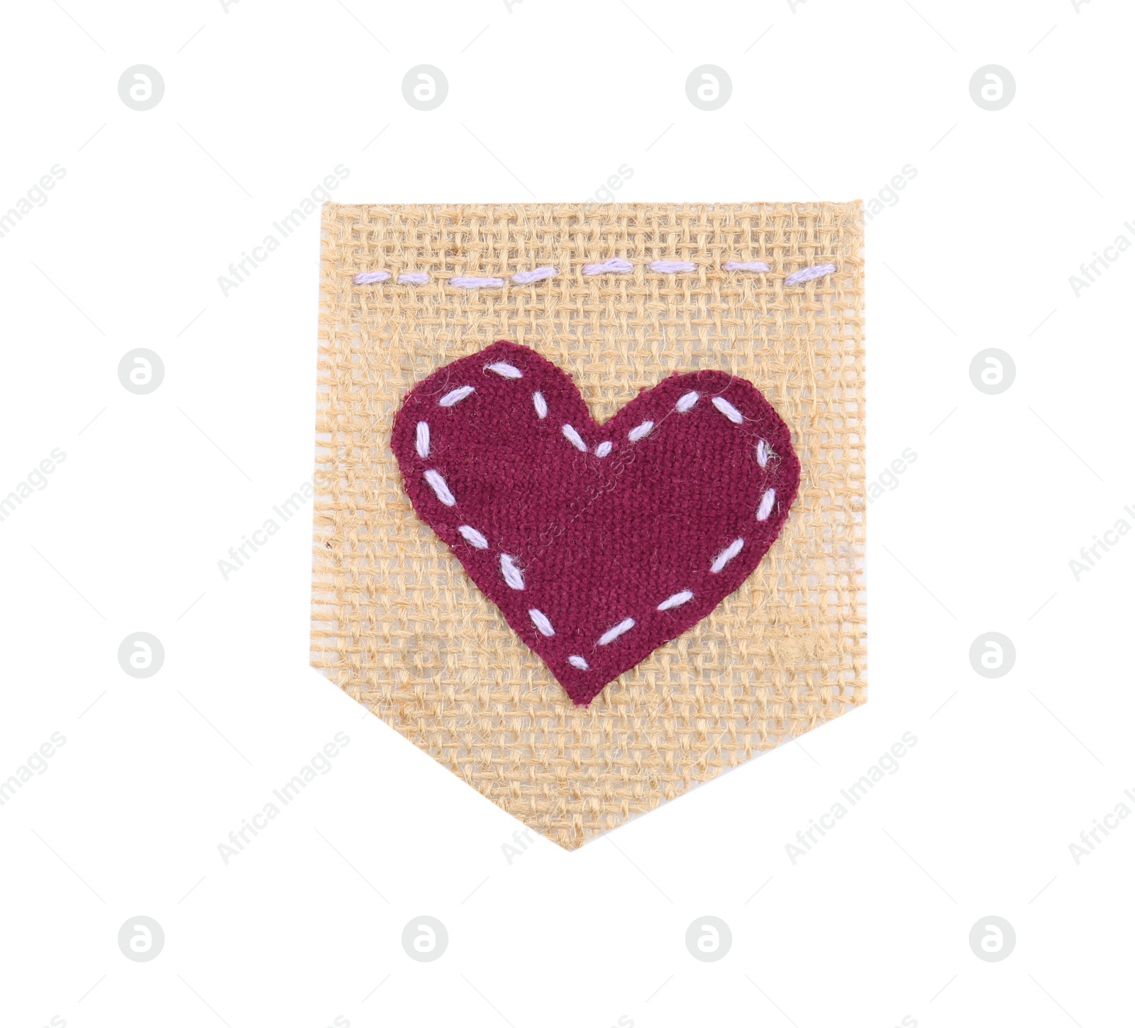 Photo of Piece of burlap fabric with heart isolated on white, top view