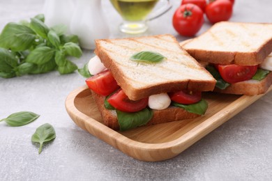 Photo of Delicious Caprese sandwiches with mozzarella, tomatoes, basil and pesto sauce on grey table, closeup
