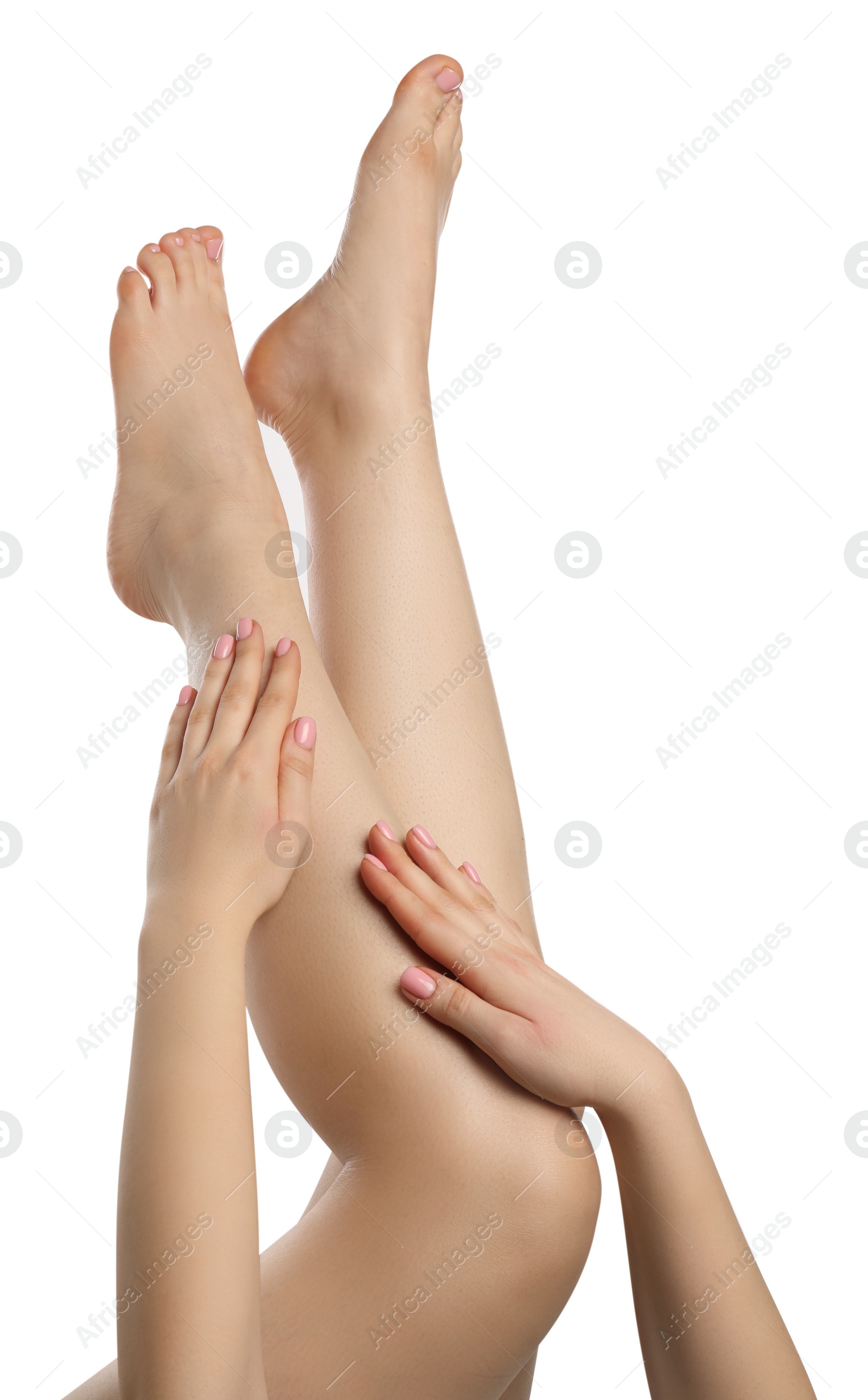 Photo of Woman with beautiful legs isolated on white, closeup