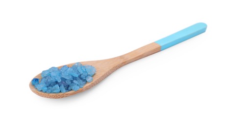 Photo of Spoon with blue sea salt isolated on white