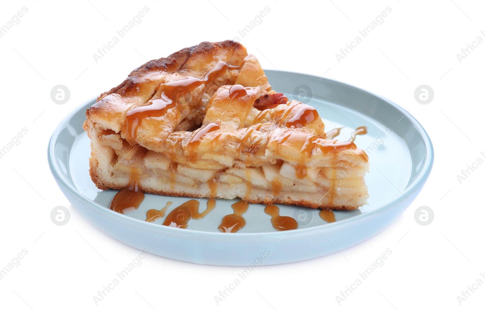 Photo of Slice of traditional apple pie with syrup isolated on white