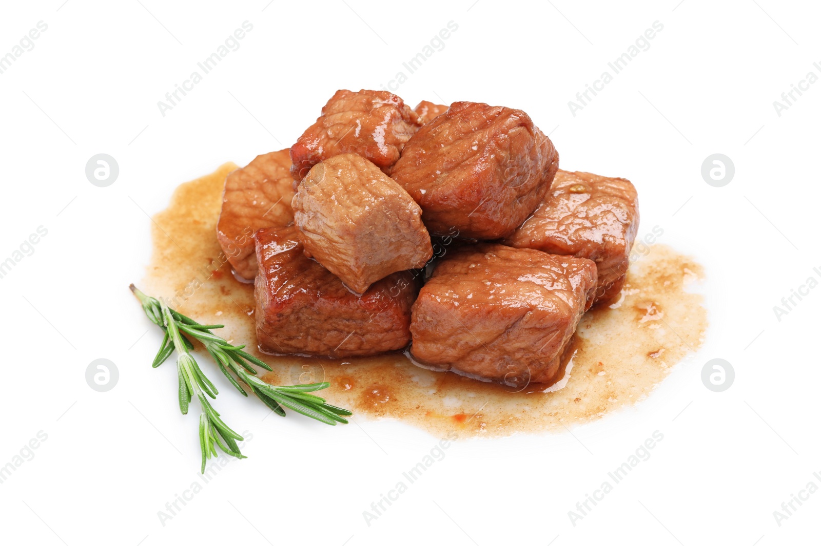 Photo of Pieces of delicious cooked beef and rosemary isolated on white. Tasty goulash
