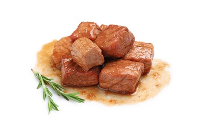 Photo of Pieces of delicious cooked beef and rosemary isolated on white. Tasty goulash