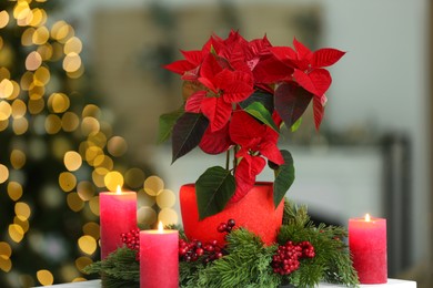 Photo of Potted poinsettia, burning candles and festive decor in room. Christmas traditional flower