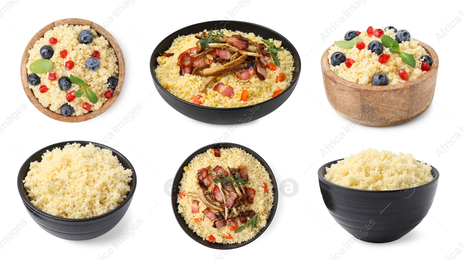 Image of Tasty couscous in bowls isolated on white, set