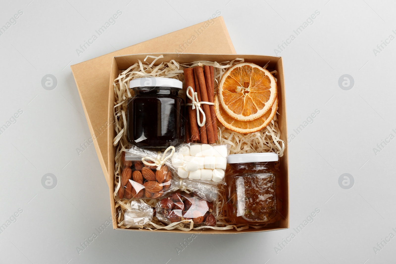 Photo of Stylish gift set on white background, flat lay