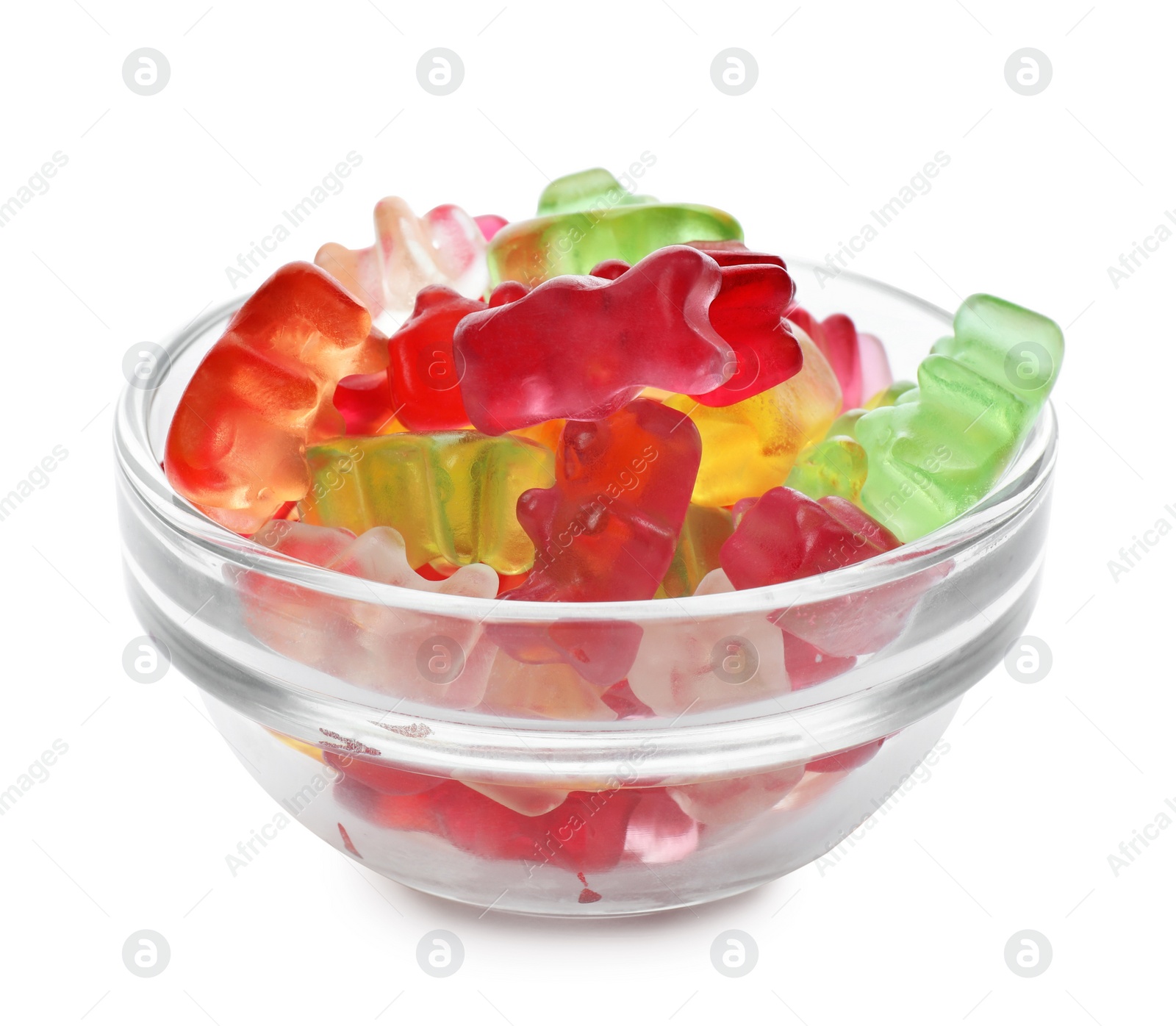 Photo of Glass bowl with delicious jelly bears on white background