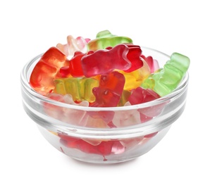 Photo of Glass bowl with delicious jelly bears on white background