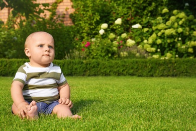 Adorable little baby sitting on green grass outdoors