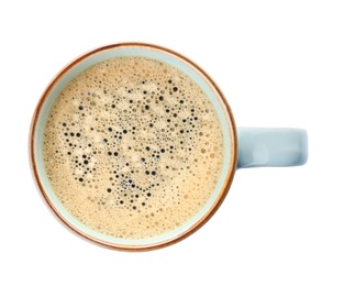 Cup with delicious hot coffee on white background