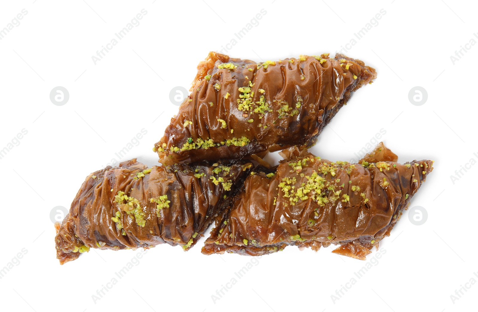 Photo of Delicious baklava with pistachios on white background, top view