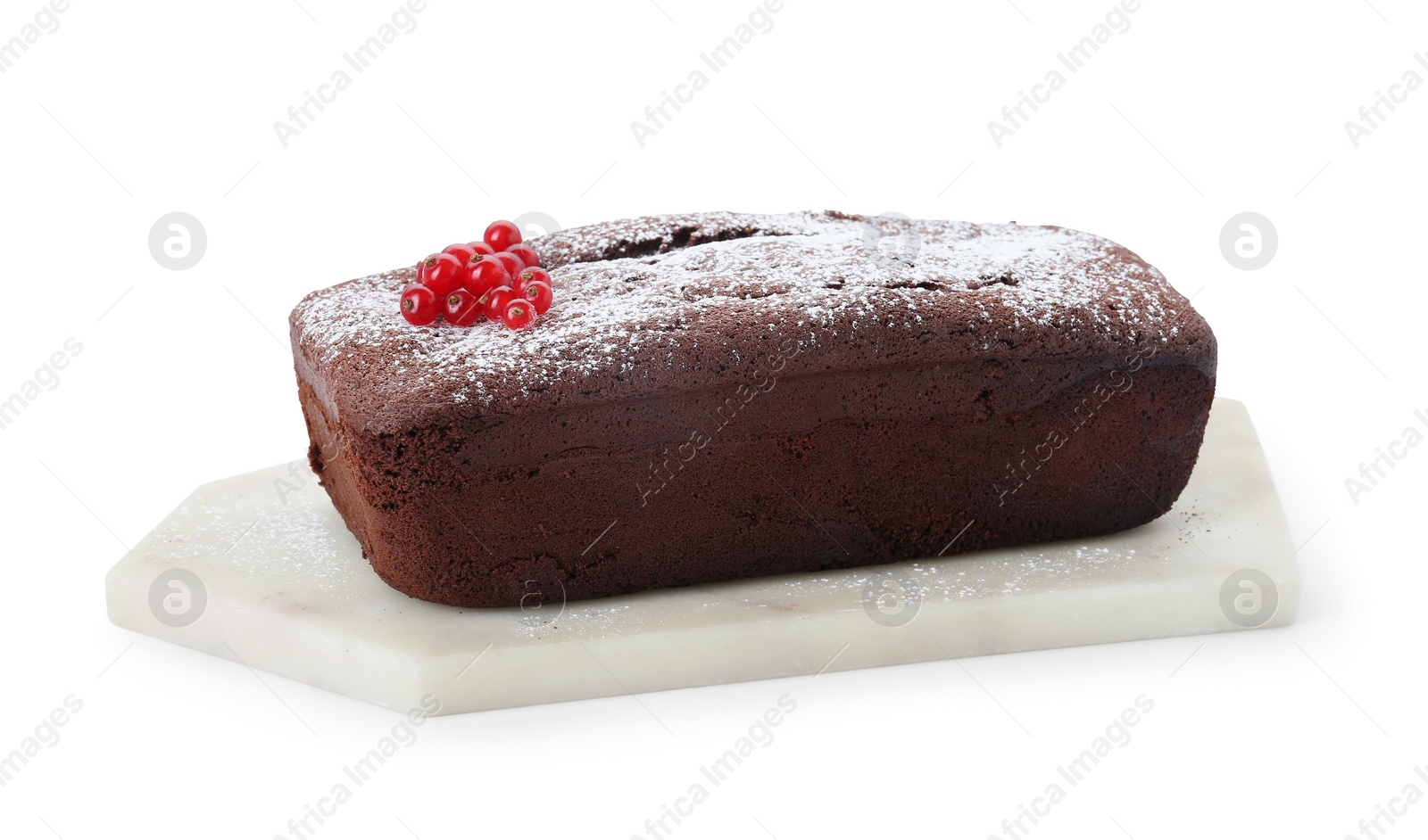 Photo of Tasty chocolate sponge cake with powdered sugar and currant isolated on white