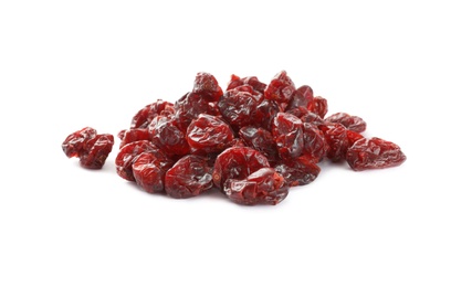 Photo of Pile of tasty dried cranberries isolated on white