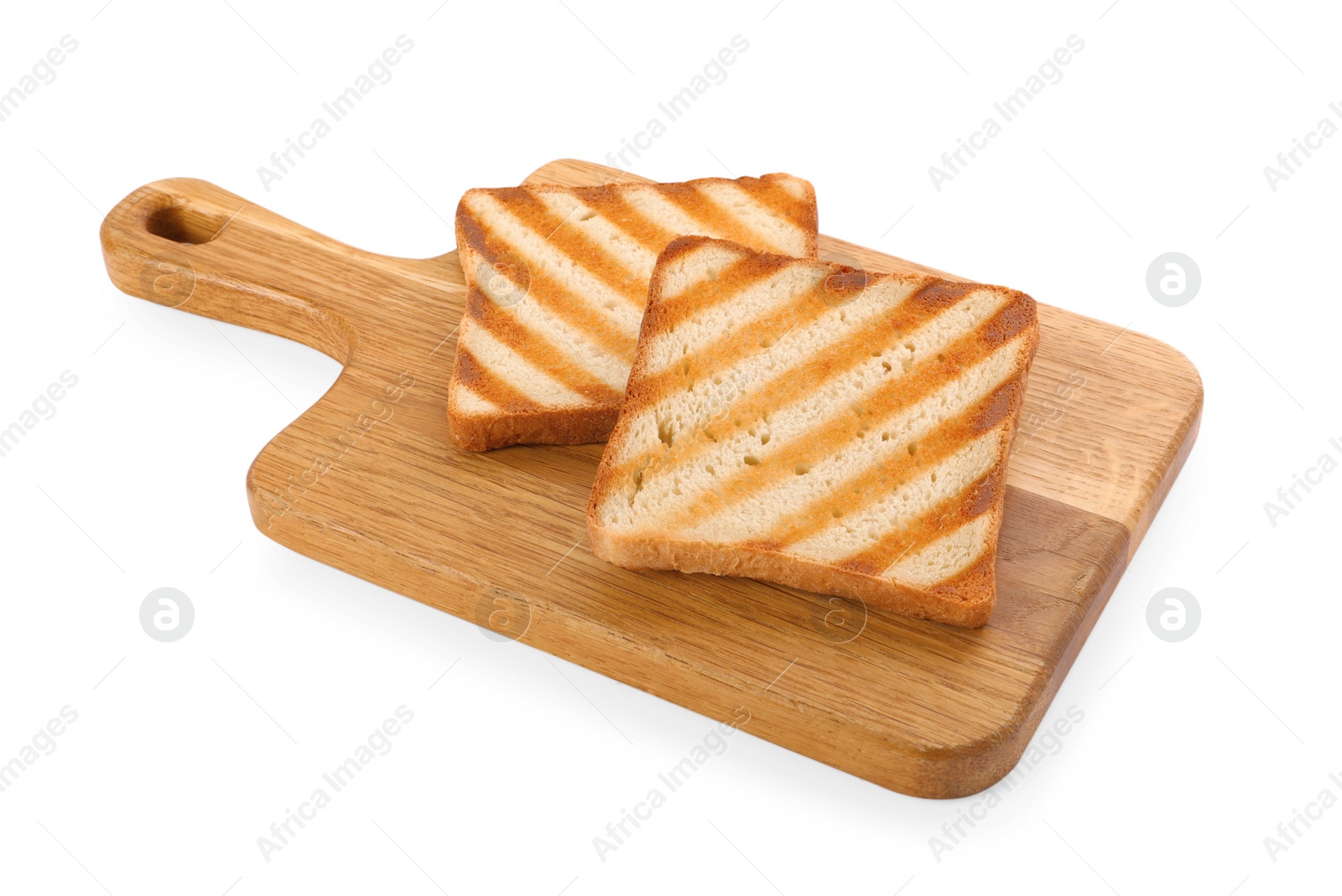 Photo of Board with slices of delicious toasted bread on white background