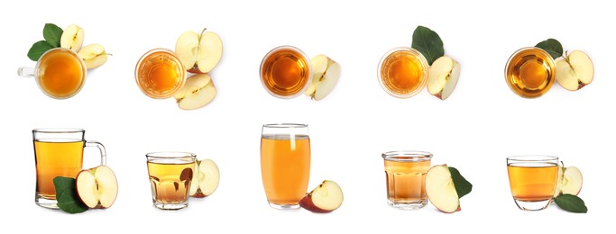 Image of Set with tasty apple cider and fresh fruits isolated on white