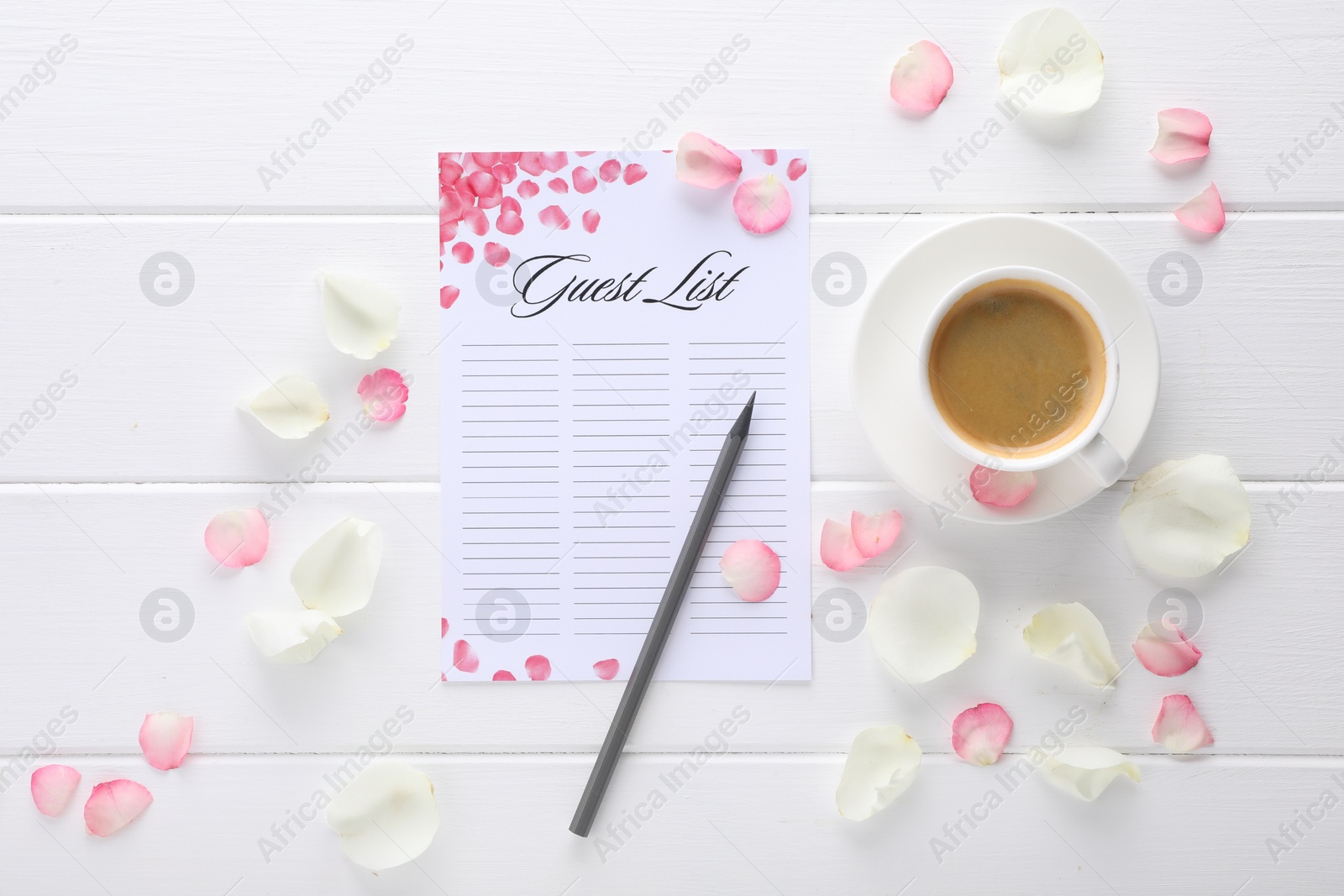 Photo of Guest list, pencil, coffee and petals on white wooden table, flat lay. Space for text