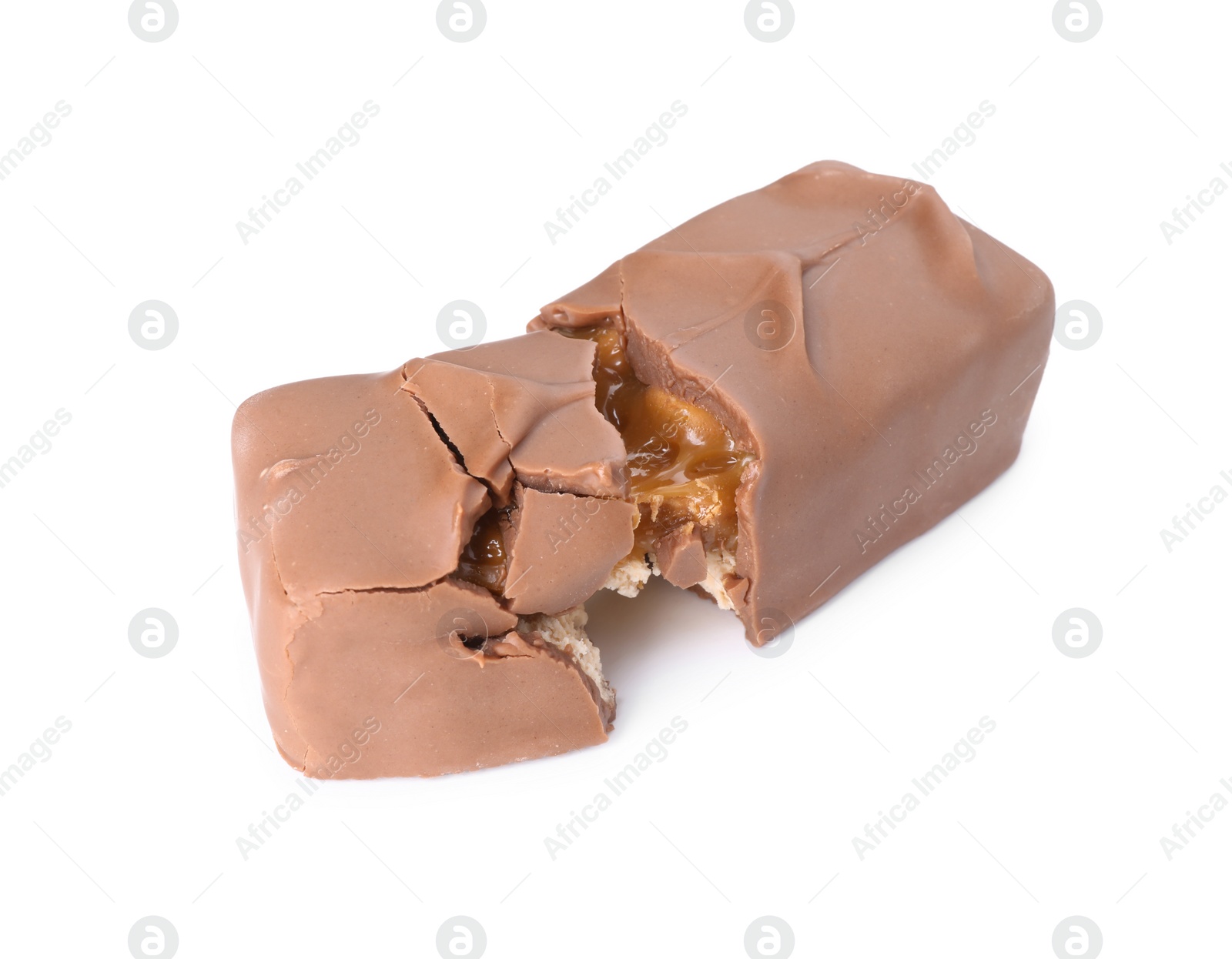 Photo of Tasty chocolate bar with nougat isolated on white