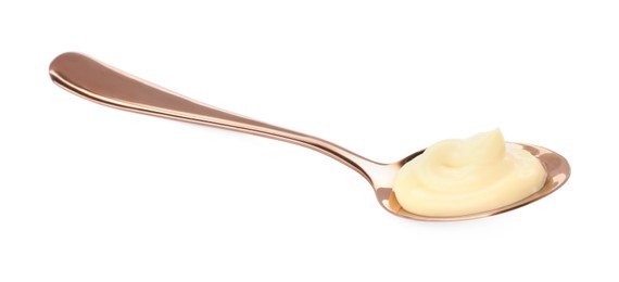 Spoon with tasty mayonnaise isolated on white