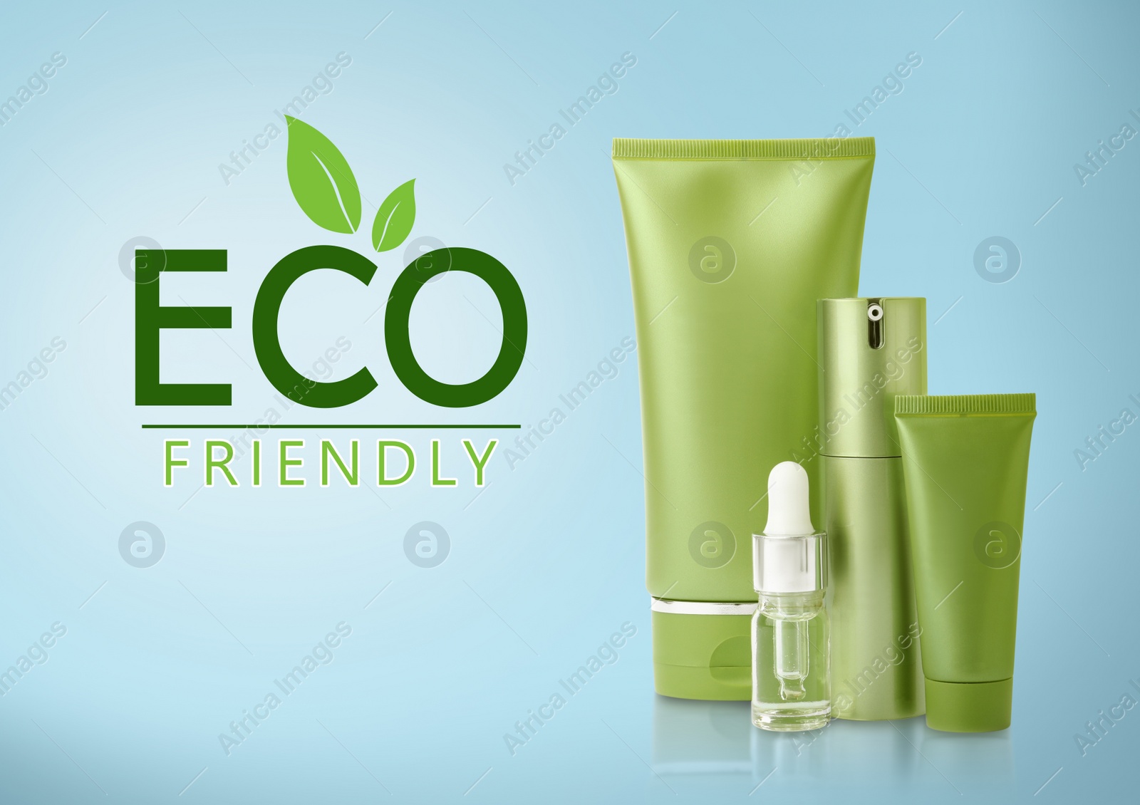 Image of Organic eco friendly cosmetic products on light blue background
