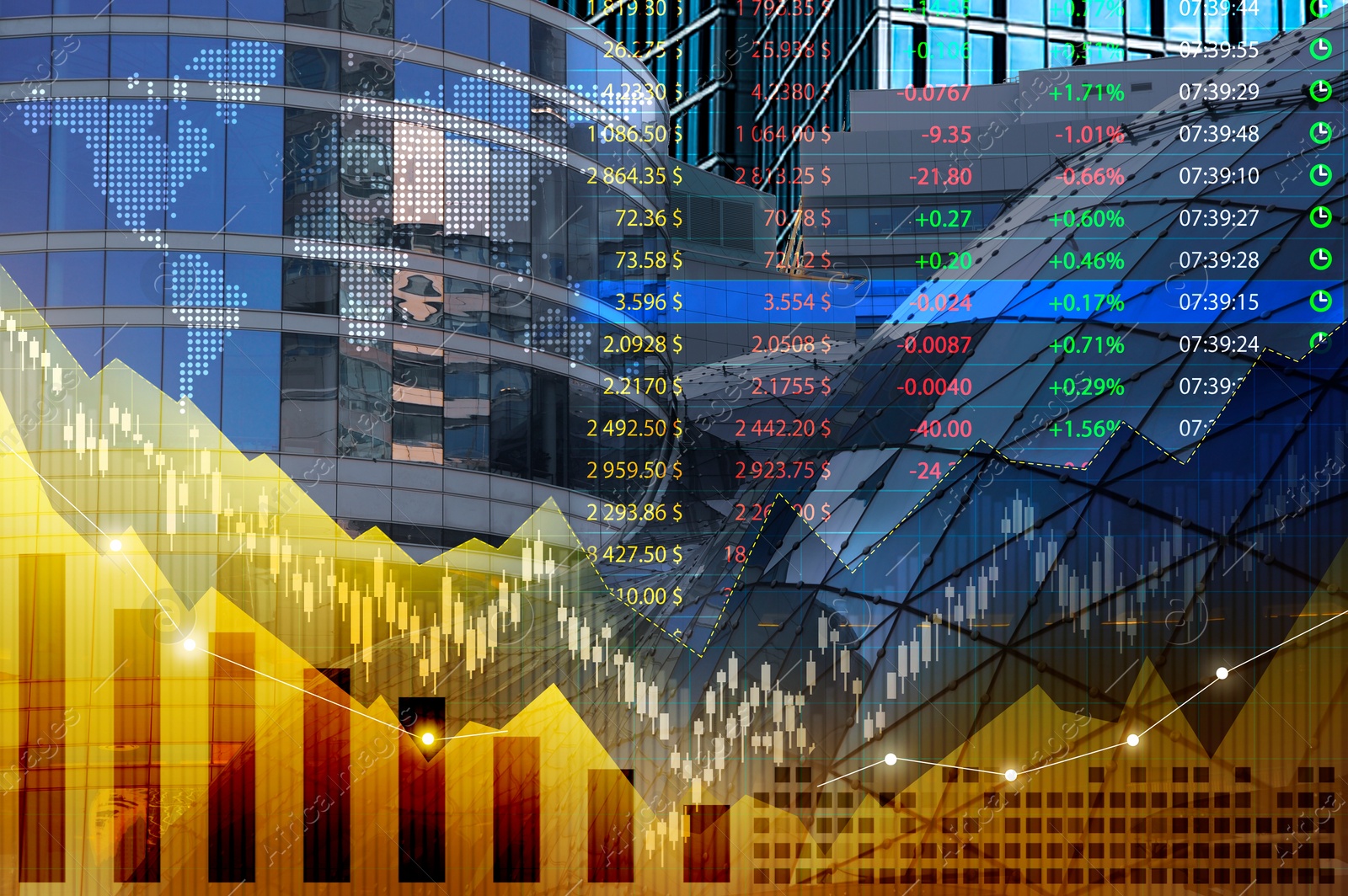 Image of Stock exchange concept. Modern buildings, data and charts, multiple exposure