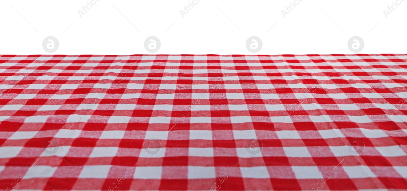 Photo of Table with checkered picnic cloth isolated on white