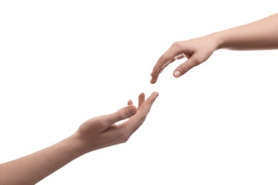 Man and woman reaching to each other on white background, closeup of hands