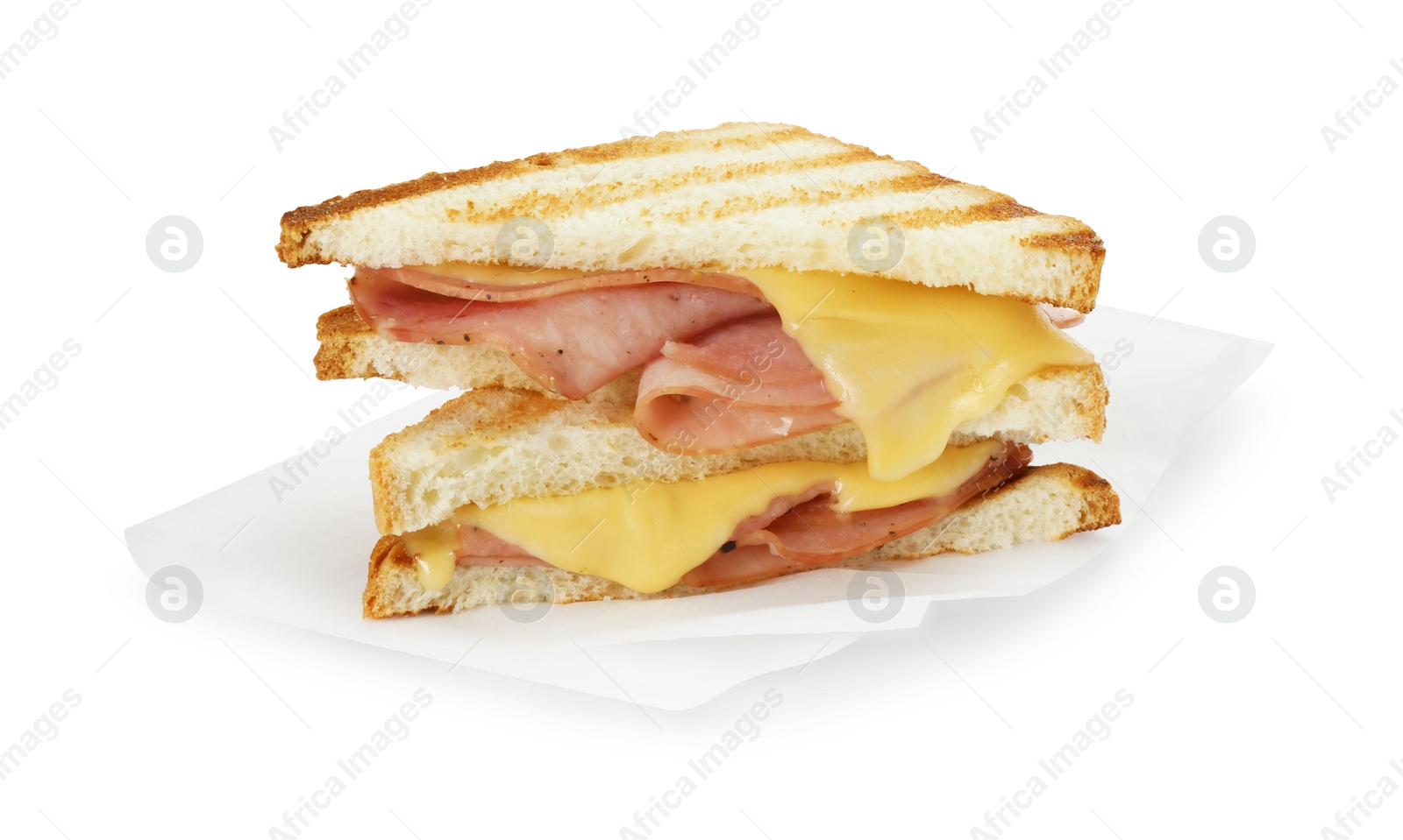 Photo of Tasty sandwiches with ham and melted cheese isolated on white