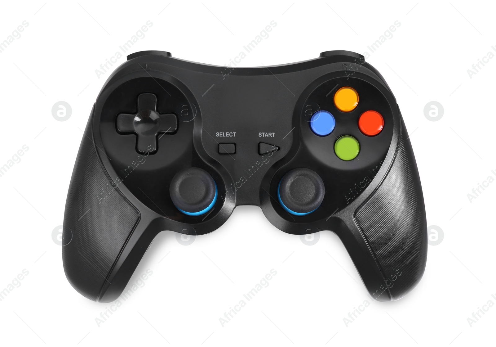 Photo of Black wireless controller on white background, top view