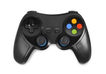 Photo of Black wireless controller on white background, top view