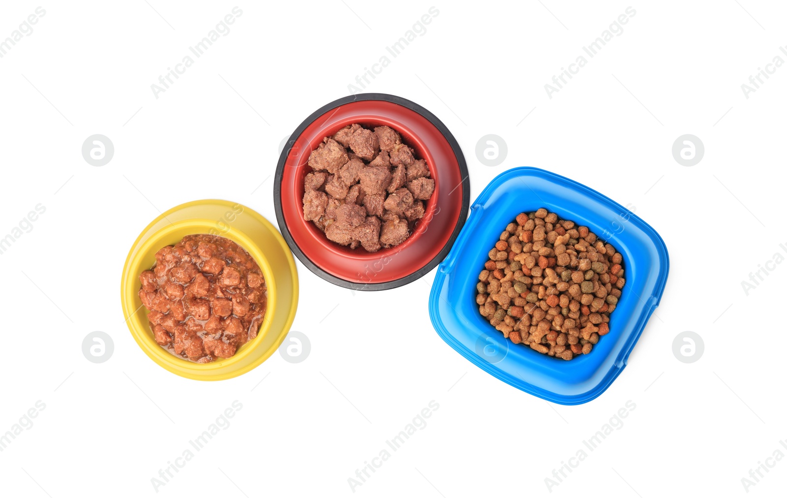 Photo of Dry and wet pet food in feeding bowls isolated on white, top view