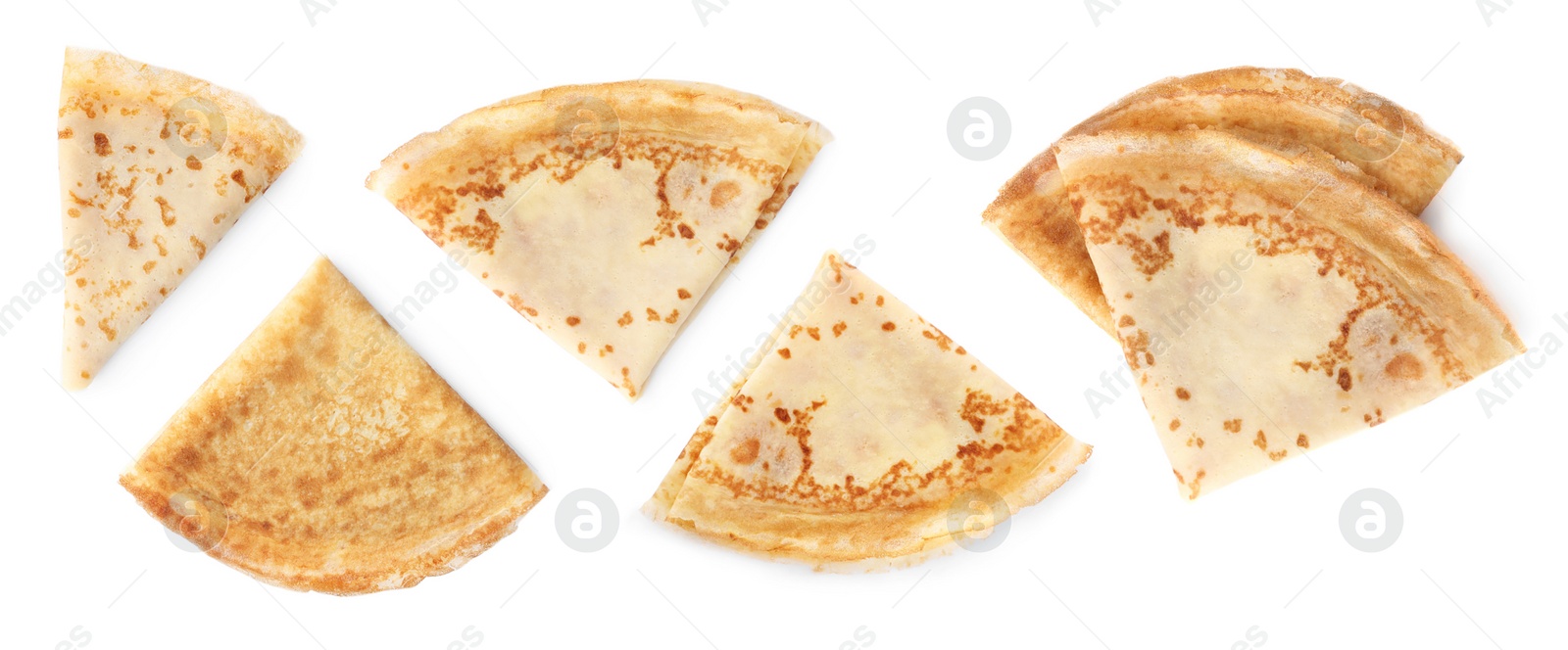 Image of Set of tasty thin pancakes on white background, top view. Banner design