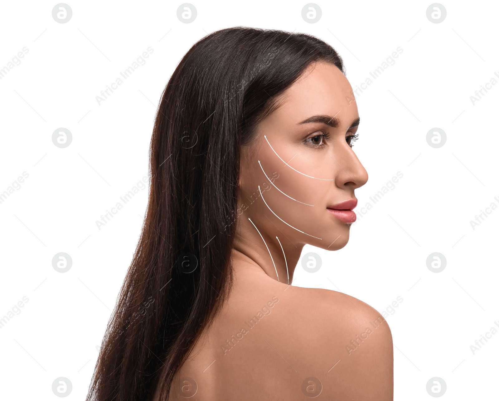 Image of Attractive woman with perfect skin after cosmetic treatment on white background. Lifting arrows on her face