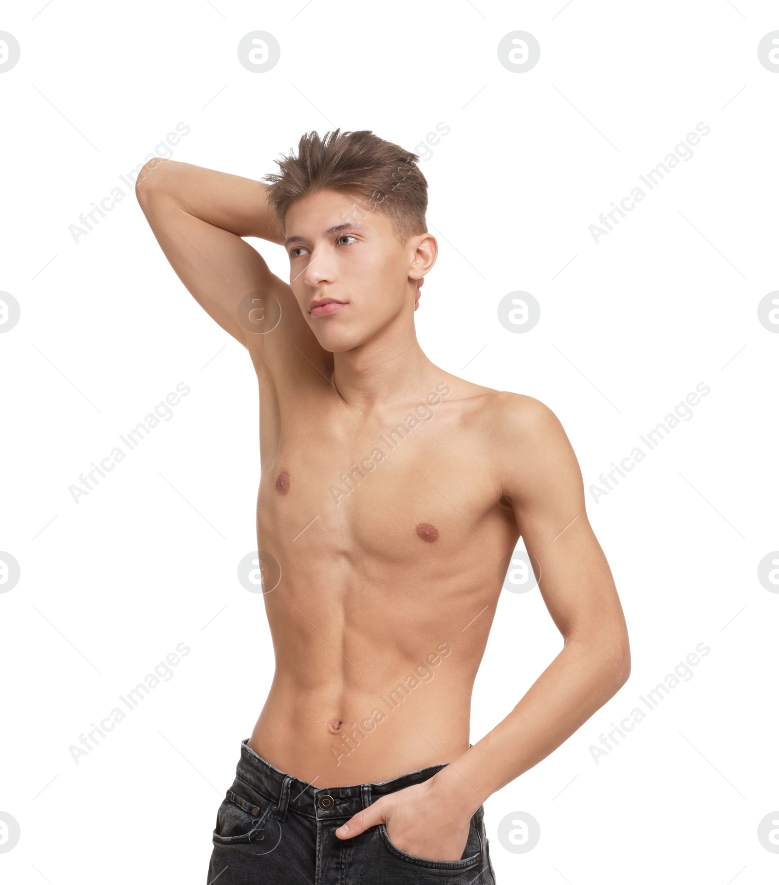 Photo of Shirtless man with slim body isolated on white