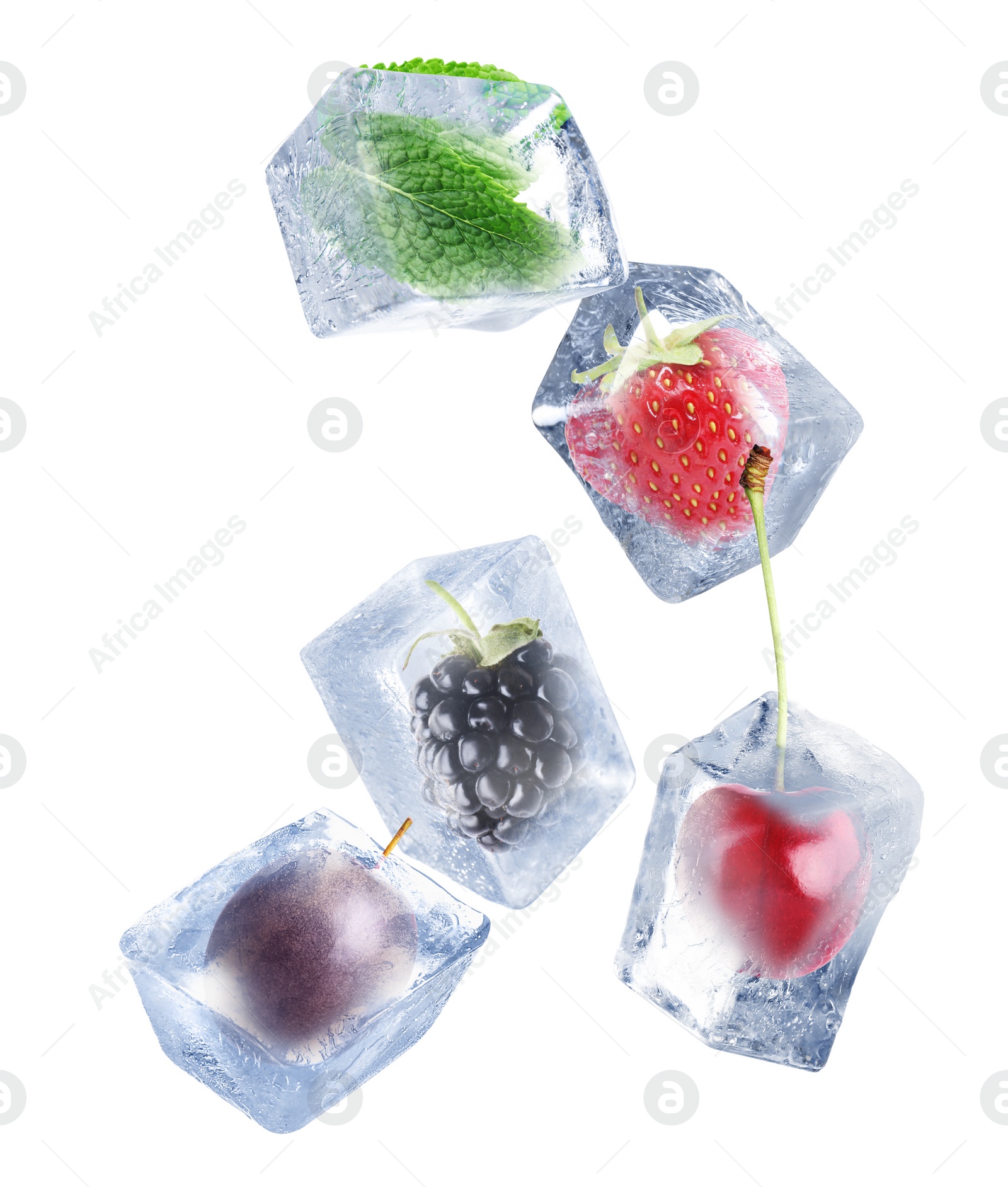 Image of Strawberry, cherry, blackberry, passion fruit and mint frozen in ice cubes on white background