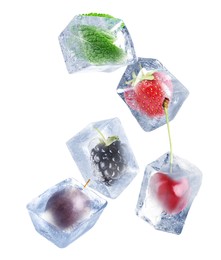 Image of Strawberry, cherry, blackberry, passion fruit and mint frozen in ice cubes on white background