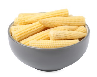 Bowl of pickled baby corn isolated on white