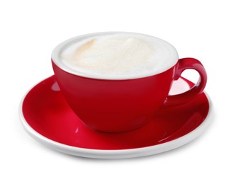 Photo of Red cup with aromatic cappuccino isolated on white