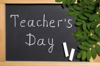 Photo of Pieces of chalk, green leaves and words Teacher's Day written on blackboard, flat lay