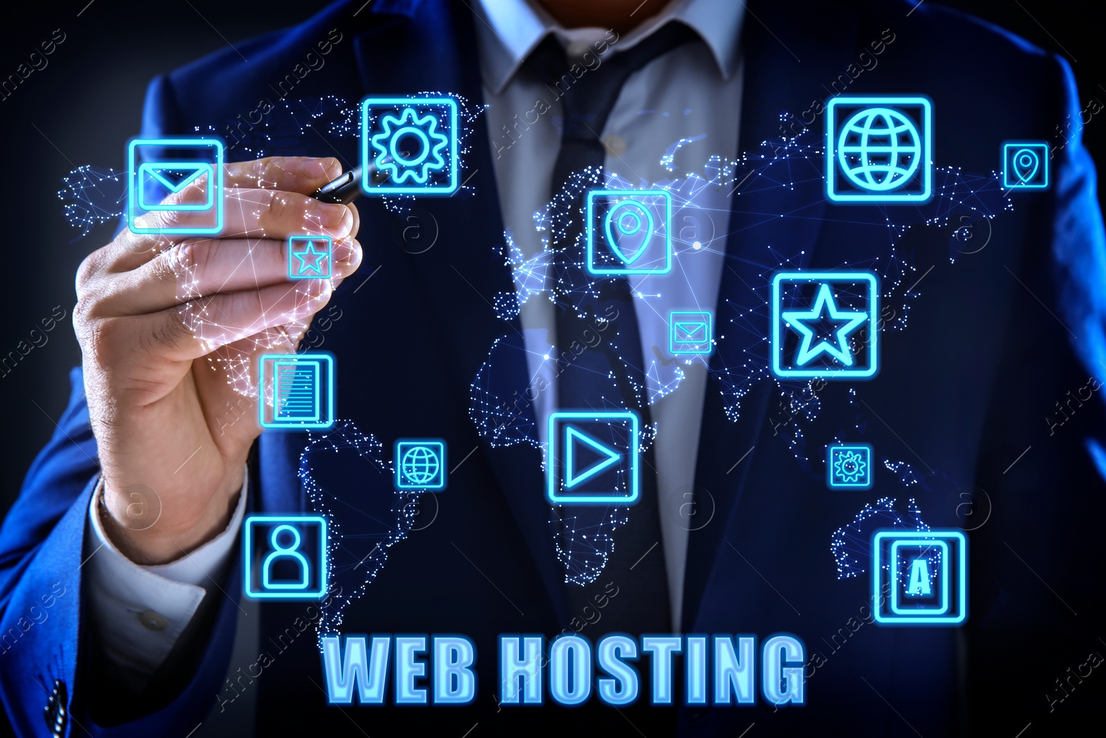 Image of Web hosting. Man touching icon on digital screen with world map, closeup
