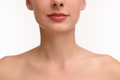 Photo of Woman with beautiful lips on white background, closeup