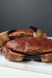 Photo of Delicious boiled crabs on white table, closeup