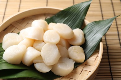 Photo of Fresh raw scallops in bowl on bamboo mat, closeup