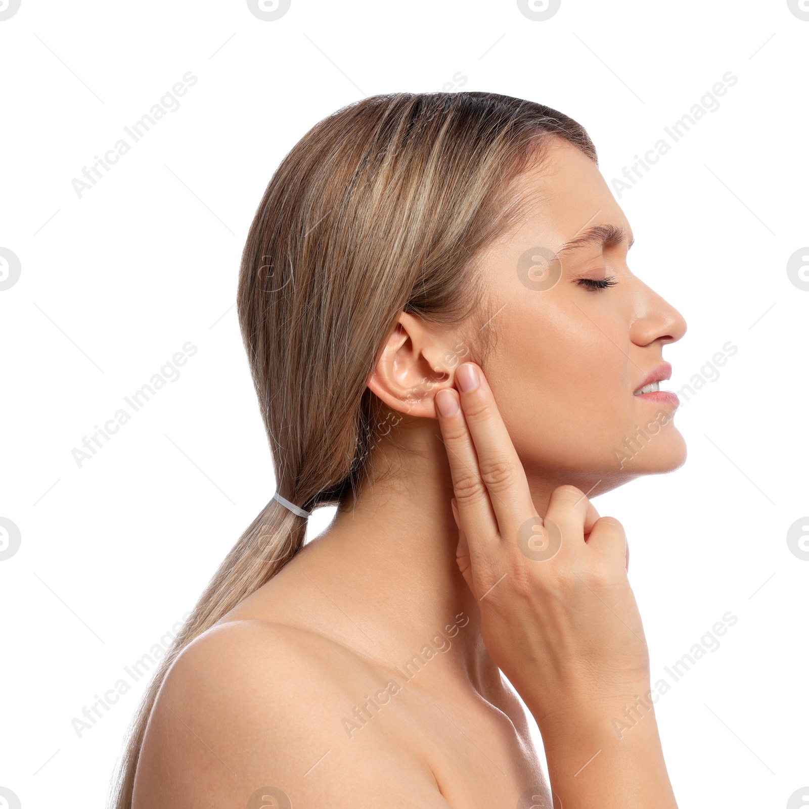 Photo of Young woman suffering from ear pain on white background