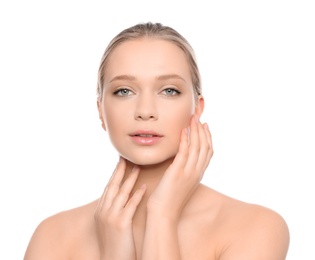 Photo of Portrait of young woman with beautiful face on white background