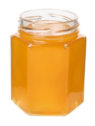 Photo of Tasty honey in glass jar isolated on white